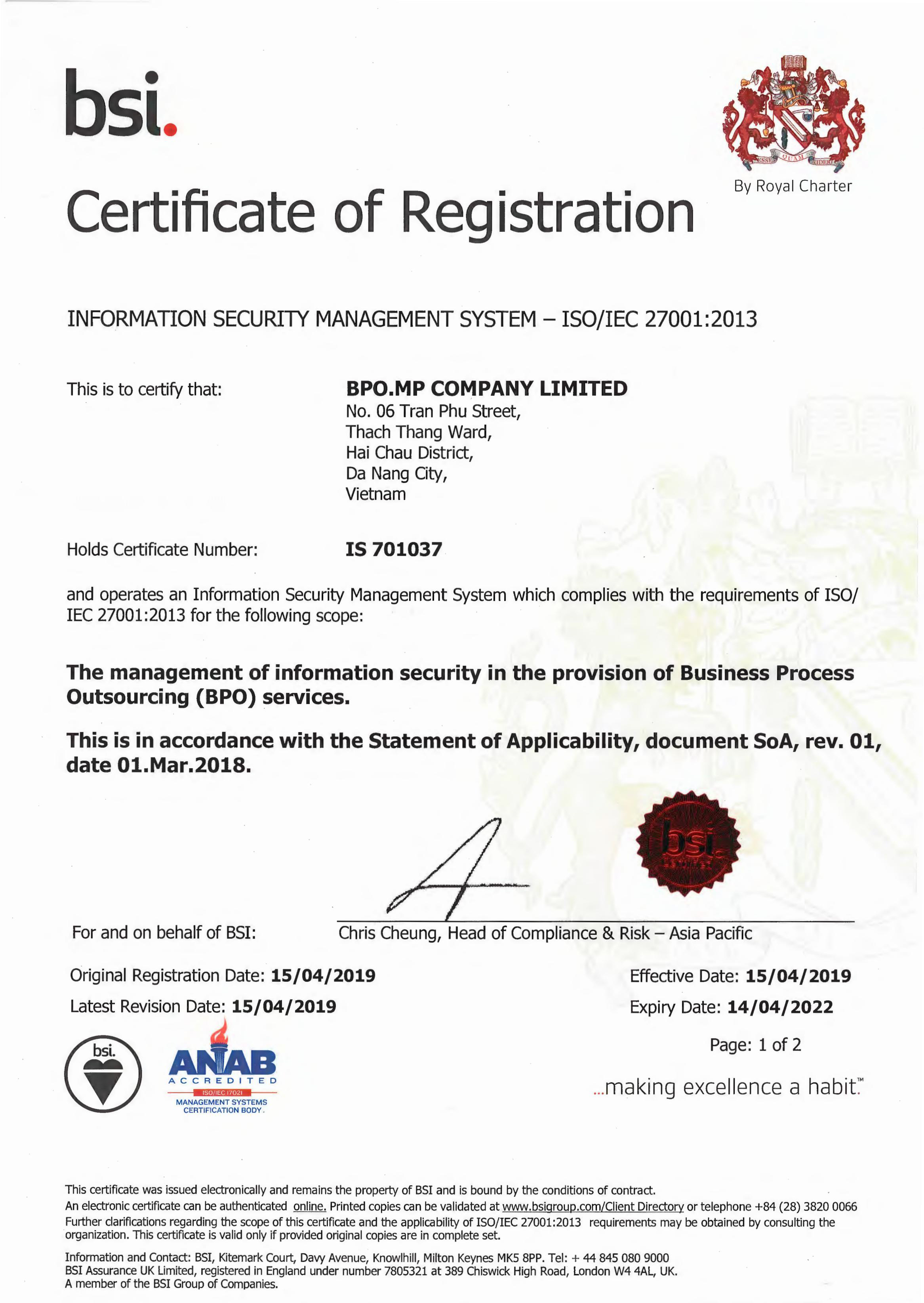 BPO.MP Achieved Certificate Of Registration: Information Security Management System – ISO/IEC 27001:2013